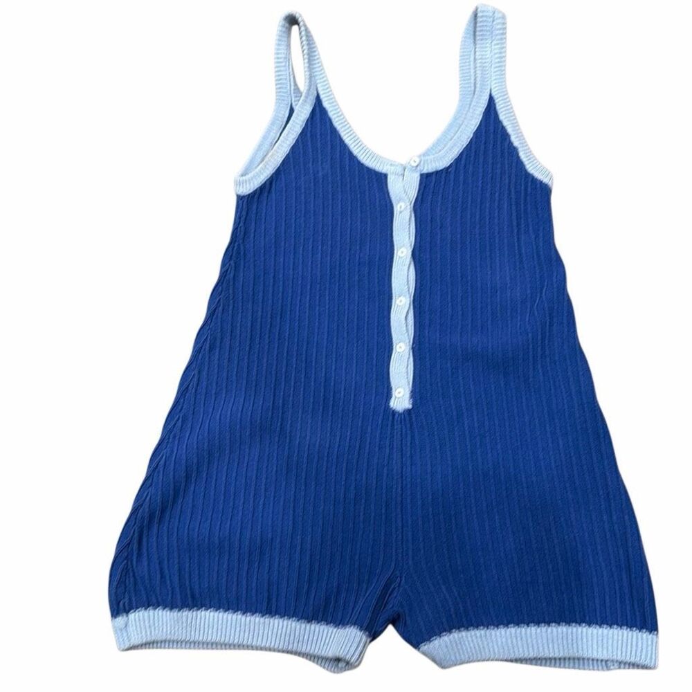 Rue Stiic Knit Romper - Rosie Knit Blue One Piece Sleeveless Shorts Women's M